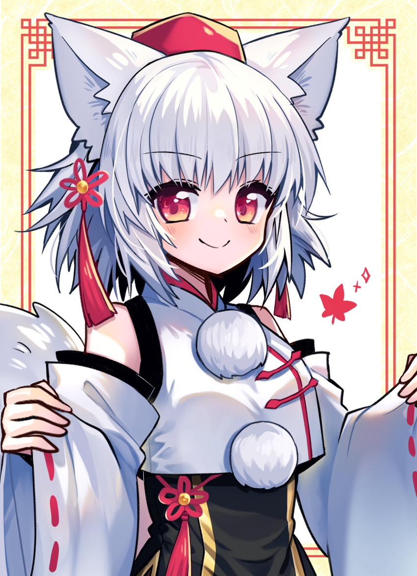 1girl absurdres animal_ear_fluff animal_ears bare_shoulders china_dress chinese_clothes closed_mouth detached_sleeves dress hat highres inubashiri_momiji looking_at_viewer pokopoko_ponzu red_eyes ribbon-trimmed_sleeves ribbon_trim short_hair smile solo tail tokin_hat touhou upper_body white_dress white_hair white_sleeves wide_sleeves wolf_ears wolf_girl wolf_tail
