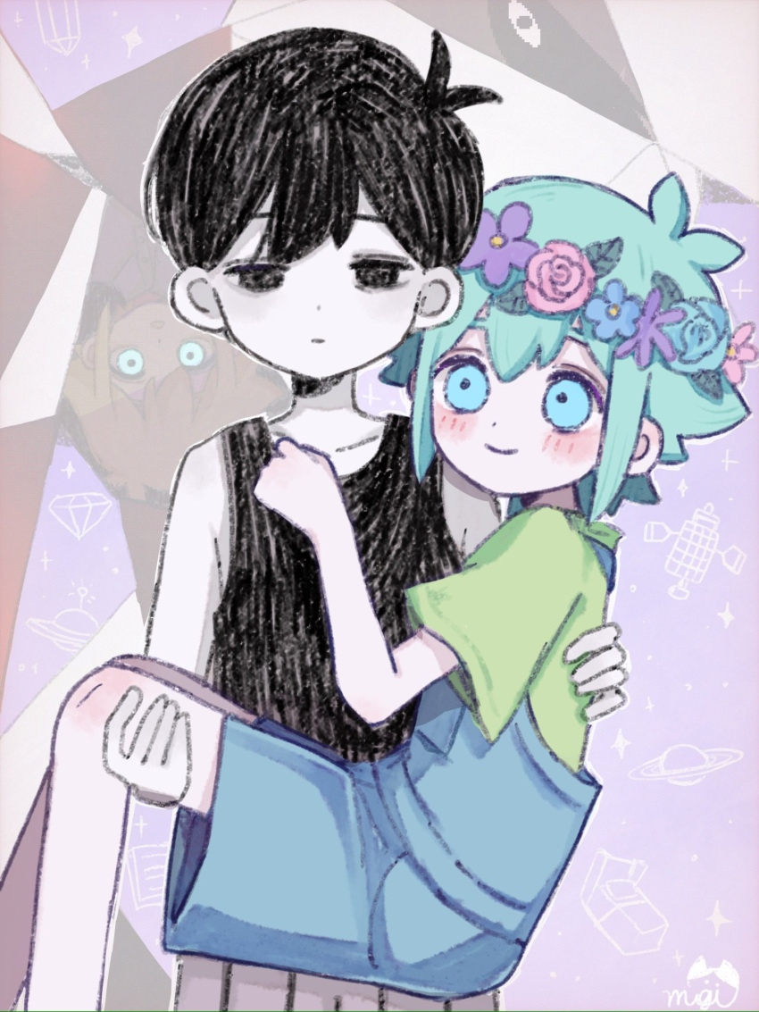 2boys ahoge aqua_eyes aqua_flower aqua_hair artist_name bare_shoulders basil_(headspace)_(omori) basil_(omori) black_hair black_shirt blue_flower carrying carrying_person closed_mouth collarbone colored_skin expressionless flower green_shirt hashtag_only_commentary head_wreath highres leaf looking_at_another mugi062 multiple_boys omori omori_(omori) outline overall_shorts overalls pink_flower purple_flower shirt short_hair signature sleeveless sleeveless_shirt smile white_outline white_skin