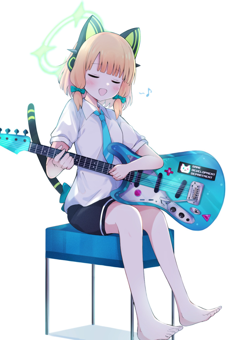 1girl animal_ear_headphones animal_ears barefoot black_shorts blonde_hair blue_archive blue_necktie blush bow closed_eyes collared_shirt eighth_note electric_guitar fake_animal_ears green_bow green_halo guitar hair_bow halo headphones highres instrument midori_(blue_archive) musical_note necktie open_mouth preste shirt short_hair short_sleeves shorts simple_background sitting smile solo toes white_background white_shirt