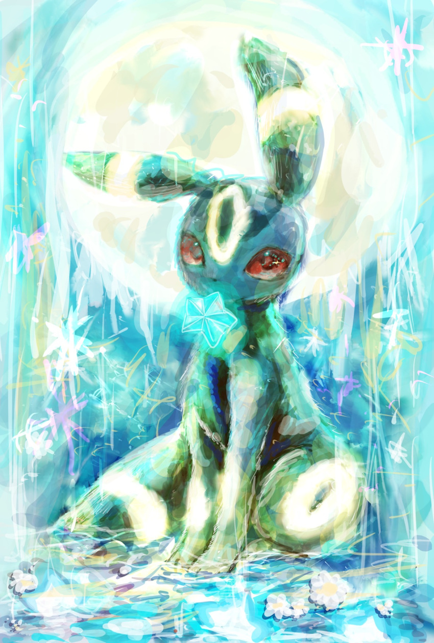 animal_focus blue_background colored_sclera commentary_request facial_mark flower forehead_mark full_body full_moon highres looking_at_viewer moon mouth_hold no_humans pokemon pokemon_(creature) red_eyes red_sclera sitting sketch solo star_(symbol) tensaitou_tou umbreon white_flower