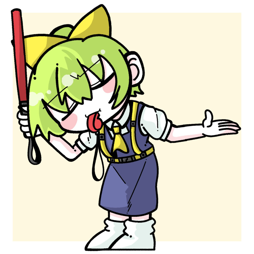 1girl ascot blowing_whistle blush bow closed_eyes collared_shirt commentary_request cookie_(touhou) daiyousei diyusi_(cookie) dress full_body green_hair hair_between_eyes hair_bow head_tilt high-visibility_vest highres holding medium_bangs paranoia_(blue-dragon-world) pinafore_dress puffy_short_sleeves puffy_sleeves shirt short_hair short_sleeves simple_background sleeveless sleeveless_dress solo sznkrs touhou traffic_baton two-tone_background white_background white_shirt yellow_ascot yellow_background