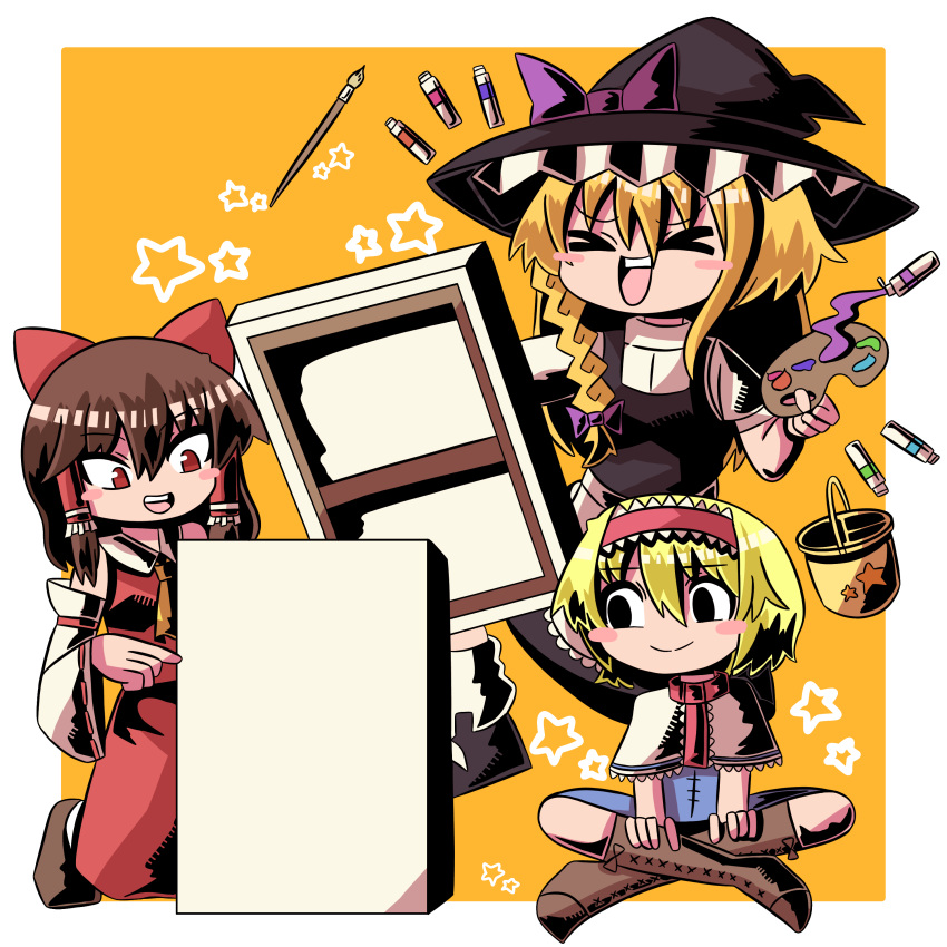 &gt;_&lt; 3girls :d absurdres alice_margatroid apron ascot black_eyes black_headwear black_skirt black_vest blonde_hair blue_dress blush_stickers boots braid brown_footwear brown_hair capelet closed_eyes closed_mouth collared_shirt commentary_request cookie_(touhou) cross-laced_footwear detached_sleeves dress easel empty_eyes frilled_hairband frills full_body hair_between_eyes hairband hakurei_reimu hat highres hinase_(cookie) indian_style kirisame_marisa kneeling long_bangs long_hair multiple_girls necktie open_mouth orange_background paint paintbrush painting_(action) palette_(object) puffy_short_sleeves puffy_sleeves red_eyes red_hairband red_necktie red_shirt red_skirt reu_(cookie) shirt shoes short_hair short_sleeves side_braid sidelocks single_braid sitting skirt skirt_set sleeveless sleeveless_shirt smile star_(symbol) sznkrs teeth touhou two-tone_background upper_teeth_only uzuki_(cookie) v vest waist_apron white_apron white_background white_capelet white_sleeves witch_hat xd yellow_ascot