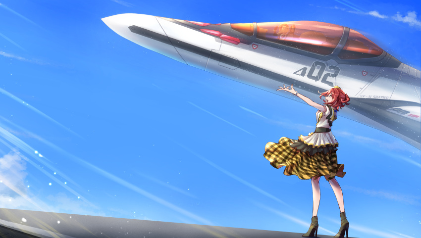 1girl aircraft airplane anzo_(anzu_elichi0928) black_footwear black_skirt blue_eyes bracelet canopy_(aircraft) clouds fighter_jet helmet high_heels highres jet jewelry kaname_buccaneer macross macross_delta messer_ihlefeld military_vehicle open_hand open_mouth pilot_suit plaid plaid_skirt redhead shirt skirt sky smile solo_focus vf-31 white_shirt white_skirt yellow_skirt