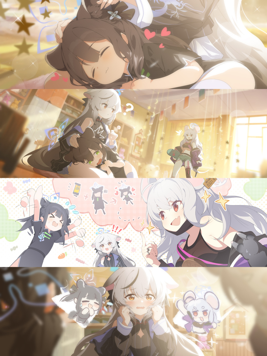 3girls absurdres animal_ears black_dress black_hair blue_archive blush china_dress chinese_clothes closed_eyes dress green_eyes grey_hair hair_between_eyes highres jell_(jell_y_fish) kokona_(blue_archive) long_hair mouse_ears multiple_girls open_mouth orange_eyes red_eyes saya_(blue_archive) short_sleeves shun_(blue_archive) shun_(small)_(blue_archive) tiger_ears