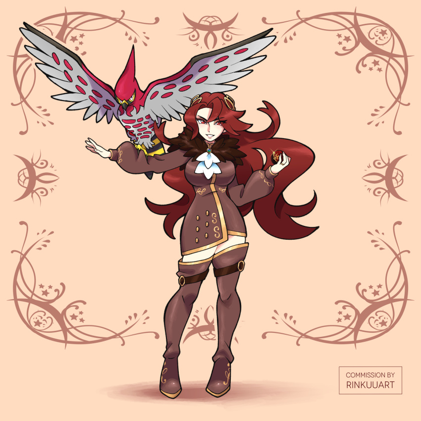 1girl artist_name beak bird boots breasts brown_background brown_dress brown_footwear commentary commission dress english_commentary eyelashes full_body glint gold_trim highres holding holding_poke_ball long_hair looking_at_viewer original parted_lips poke_ball pokemon pokemon_(creature) puffy_sleeves red_eyes redhead rinkuu_art smile standing talonflame talons teeth thigh_boots twitter_username wings