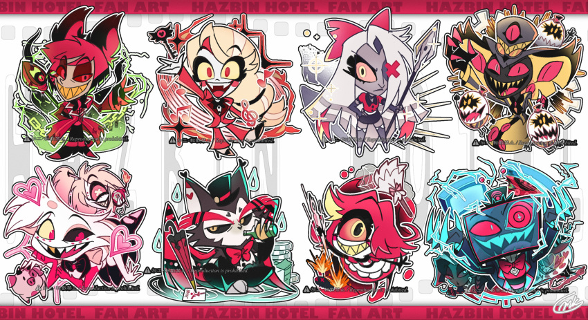 5girls 6+boys :d alastor_(hazbin_hotel) angel_dust animal_ears animal_nose antlers apron arm_up arms_up artist_name banknote belt black_bow black_bowtie black_choker black_footwear black_hair black_headwear black_jacket black_pants black_sclera black_skin blonde_hair blue_jacket bomb boots bottle bow bowtie brown_fur bug card cat_boy cat_ears chain charlie_morningstar cherri_bomb chibi choker circle_facial_mark claws closed_mouth coat collared_shirt colored_sclera colored_skin commentary_request copyright_name cyclops deer_antlers deer_boy deer_ears dress drinking duster earrings egg egg_bois electricity electrokinesis explosive extra_arms eyeball eyepatch eyes_visible_through_hair eyeshadow facial_mark fangs fat_nuggets feather_duster fingerless_gloves freckles frilled_apron frills frown full_body furry furry_male gloves goggles goggles_on_headwear gold_teeth gradient_hair grey_hair grey_skin grin hair_bow hair_over_one_eye half_updo hand_on_own_cheek hand_on_own_face hand_on_own_hip hat hazbin_hotel heart heart-shaped_eyewear high_heel_boots high_heels highres holding holding_bomb holding_bottle holding_needle holding_polearm holding_weapon horns husk_(hazbin_hotel) jacket jewelry joker_(playing_card) lamia_boy leaning_forward lit_fuse long_hair long_sleeves looking_at_viewer maid_apron makeup mikanmochi mismatched_sclera money monocle monster_boy monster_girl multi-tied_hair multicolored_hair multiple_boys multiple_girls musical_note needle niffty_(hazbin_hotel) object_head one-eyed open_clothes open_jacket open_mouth outline pants pig pink-tinted_eyewear pink_dress pink_eyes pink_gloves pink_hair pink_jacket pink_sclera playing_card poker_chip polearm puddle purple_gloves purple_thighhighs red_bow red_bowtie red_coat red_eyes red_eyeshadow red_pants red_sclera red_shirt red_wings redhead sharp_teeth shirt short_hair short_sleeves signature silk simple_background sir_pentious sitting skull_earrings smile snake_boy solid_eye sparkle spear spider_web stab staff_(music) striped_clothes striped_coat striped_jacket symbol-shaped_pupils teeth television thigh-highs thigh_boots tinted_eyewear top_hat torn_bow traditional_bowtie treble_clef two-tone_fur two-tone_hair umbrella vaggie valentino_(hazbin_hotel) velvette_(hazbin_hotel) vertical-striped_clothes vertical-striped_jacket very_long_hair vox_(hazbin_hotel) water_drop watermark weapon white_apron white_background white_belt white_footwear white_fur white_gloves white_outline wing_collar wings x-shaped_pupils yellow_eyes yellow_pupils yellow_sclera yellow_teeth