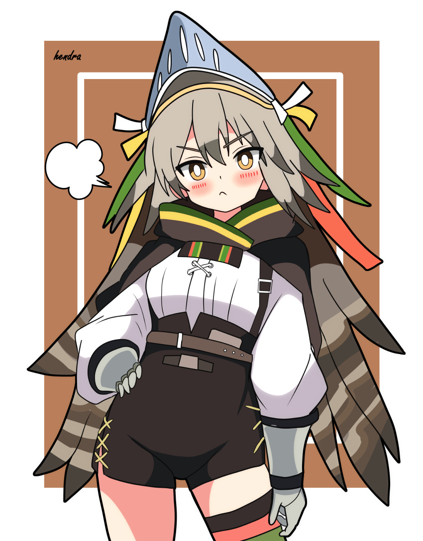 1girl :&lt; absurdres arknights black_shorts blush bright_pupils brown_background brown_cloak brown_hair cloak commentary_request cowboy_shot fartooth_(arknights) feather_hair gauntlets green_thighhighs hendra high-waist_shorts highres hood hooded_cloak inset_border long_hair looking_at_viewer puff_of_air shirt shorts signature simple_background single_thighhigh solo thigh-highs thigh_strap upper_body visor_(armor) white_background white_pupils white_shirt yellow_eyes