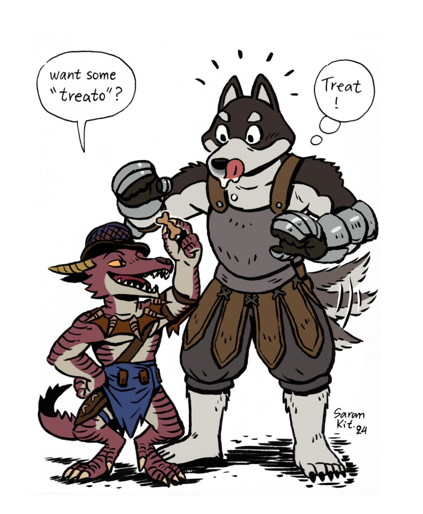 2boys afterimage arm_guards arm_up armor baldur's_gate baldur's_gate_3 belt chest_guard commentary crossover dog dragon drooling dungeon_meshi dungeons_and_dragons english_commentary english_text food full_body furry furry_male gauntlets giving grey_shorts hand_on_own_hip hands_up hat height_difference highres holding holding_food hungry jewelry kuro_(dungeon_meshi) leather_armor licking_lips looking_at_another looking_down male_focus multiple_boys necklace open_mouth pet_food popper_(baldur's_gate_3) saran_kit sharp_teeth shorts simple_background species_connection speech_bubble standing tail tail_wagging teeth thought_bubble tongue tongue_out topless_male white_background