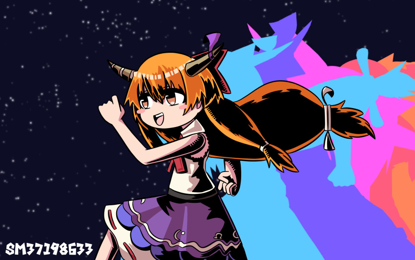 1girl :d blush_stickers bow brown_horns colored_shadow commentary_request cookie_(touhou) feet_out_of_frame hair_between_eyes hair_bow high_contrast highres horn_bow horn_ornament horns ibuki_suika long_hair looking_afar low-tied_long_hair medium_bangs niconico_id open_mouth orange_eyes orange_hair purple_bow purple_skirt red_bow ribbon-trimmed_skirt ribbon_trim running shadow shirt skirt sky sleeveless sleeveless_shirt smile solo star_(sky) starry_sky sznkrs touhou very_long_hair white_shirt yamin_(cookie)