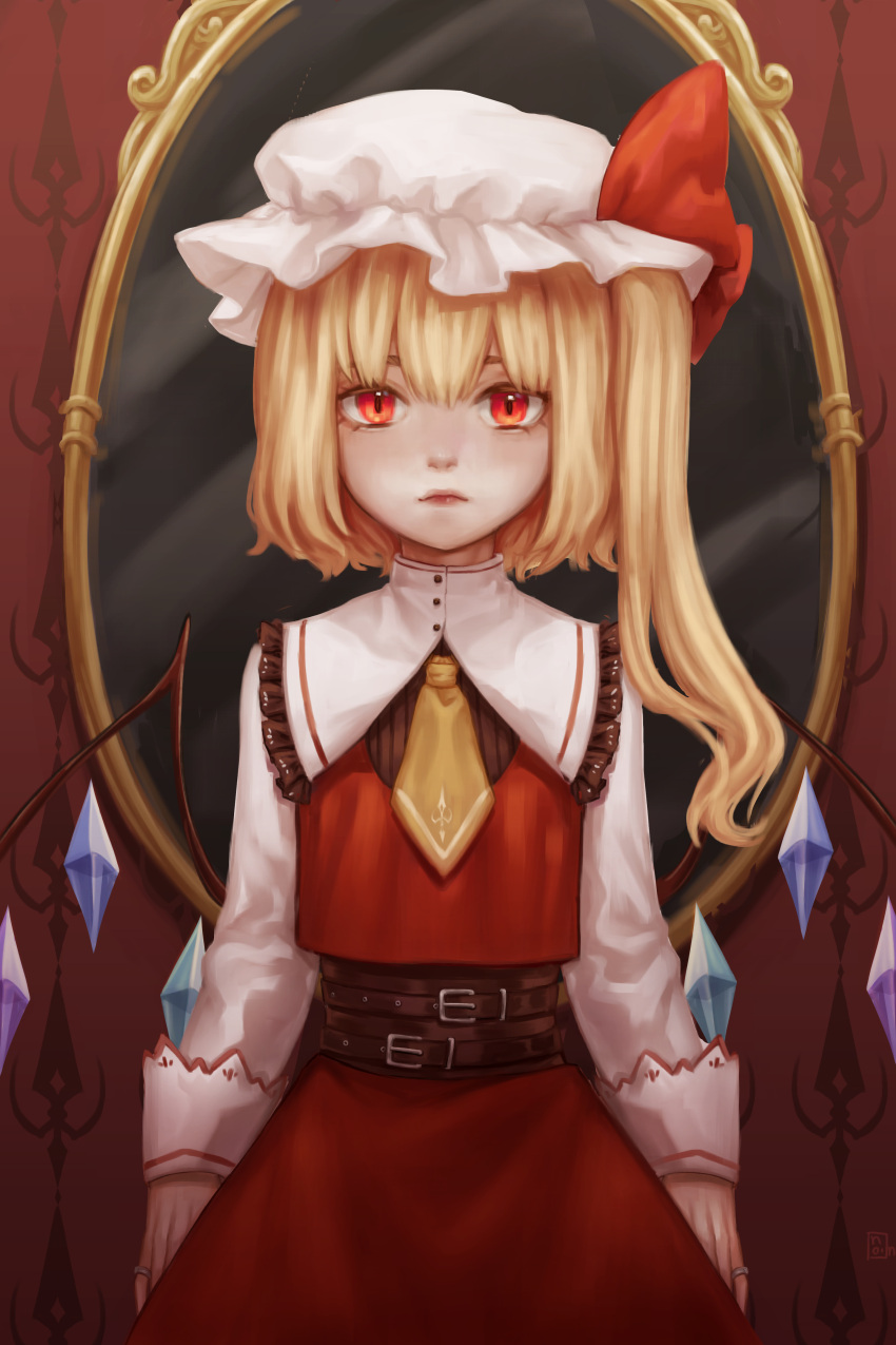 1girl absurdres adapted_costume ascot blonde_hair closed_mouth collared_shirt cowboy_shot crystal flandre_scarlet frilled_shirt_collar frills full_of_energy hat highres jewelry long_hair long_sleeves looking_at_viewer making-of_available mirror mob_cap multicolored_wings one_side_up red_eyes red_skirt red_vest ring shirt skirt skirt_set solo touhou vest white_headwear white_shirt wings yellow_ascot