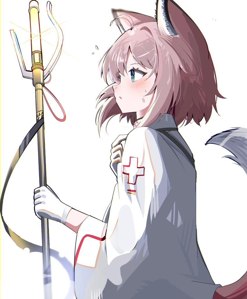 1girl absurdres ahoge animal_ears arknights blush coat commentary cross fox_ears fox_girl fox_tail from_side gloves green_eyes highres holding holding_staff long_sleeves parted_lips red_cross redhead short_hair simple_background solo spam_(spamham4506) staff sussurro_(arknights) sweat tail upper_body white_background white_coat white_gloves
