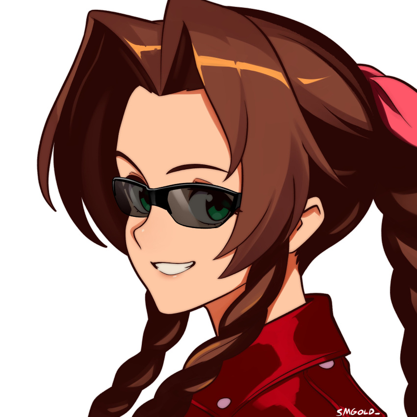 1girl absurdres aerith_gainsborough artist_name braid braided_ponytail brown_hair eyes_visible_through_eyewear final_fantasy final_fantasy_vii final_fantasy_vii_rebirth final_fantasy_vii_remake from_side green_eyes highres long_hair looking_at_viewer ponytail smgold smile solo sunglasses teeth upper_body white_background