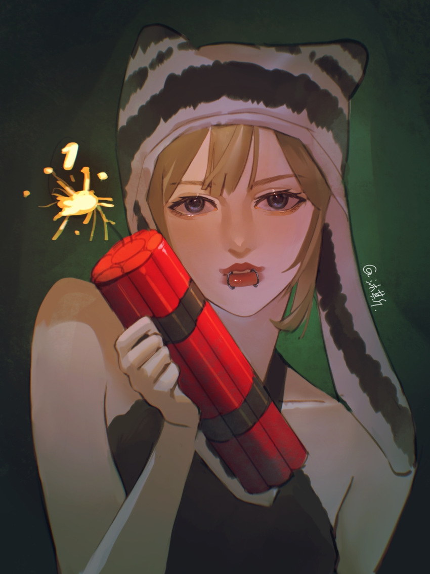 artist_name black_headwear black_tank_top blonde_hair blue_eyes collarbone dynamite explosive green_background highres holding k-pop lily_(nmixx) lip_piercing looking_at_viewer nmixx piercing portrait real_life short_hair striped_clothes striped_headwear suancai_ya_xie_tang tank_top white_headwear