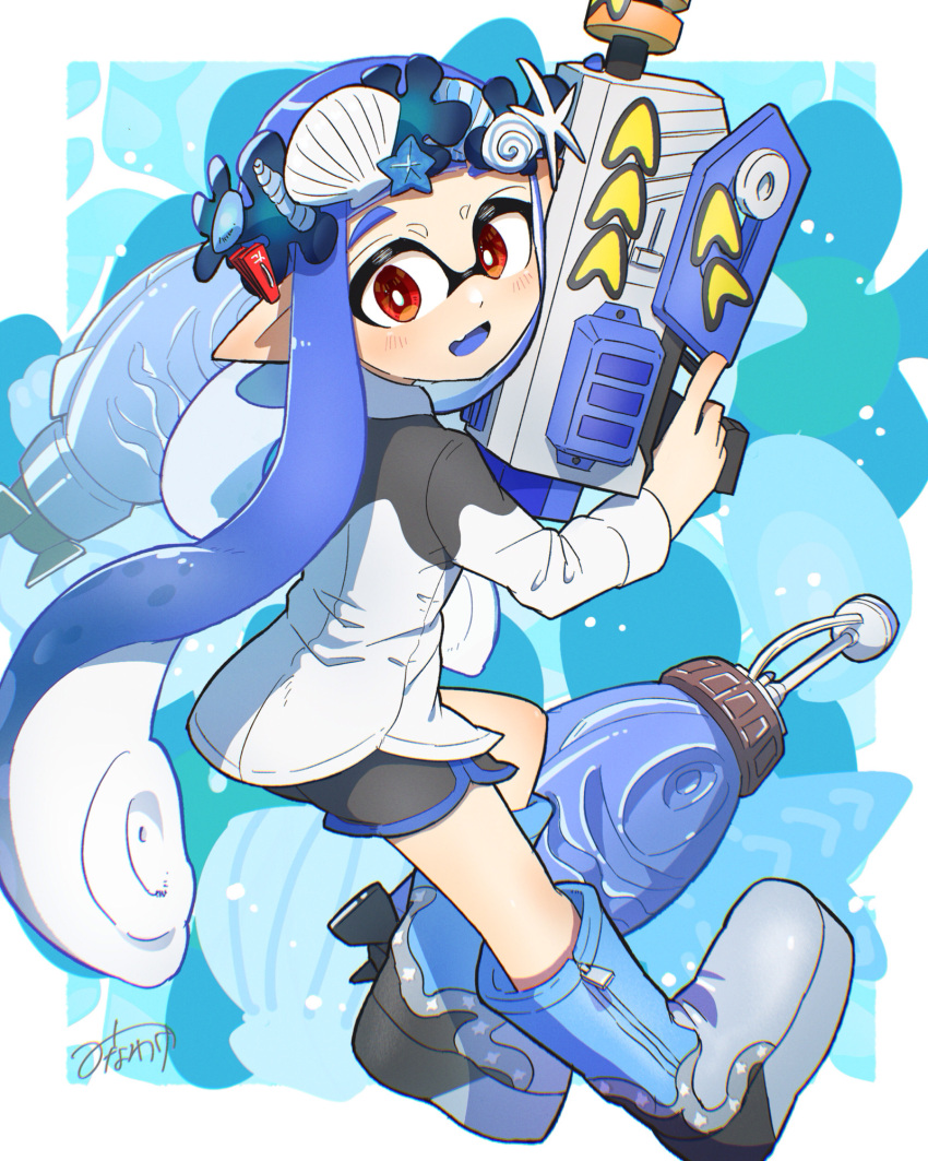 1girl black_shorts blue_background blue_hair blue_trim boots border bright_pupils commentary_request full_body gun head_wreath highres holding holding_gun holding_weapon inkling_girl inkling_player_character long_hair minawake_(azuma-m) open_mouth outside_border pointy_ears rapid_blaster_(splatoon) red_eyes short_shorts shorts signature solo splatoon_(series) splatoon_3 sticker tentacle_hair torpedo_(splatoon) weapon white_border white_pupils