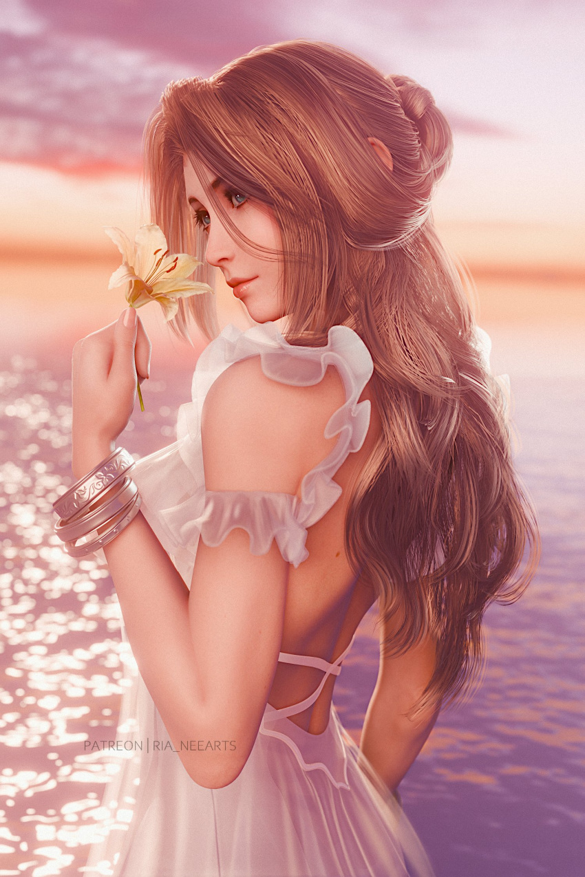 1girl aerith_gainsborough artist_name backless_dress backless_outfit blue_eyes blurry bracelet brown_hair cowboy_shot depth_of_field dress final_fantasy final_fantasy_vii final_fantasy_vii_remake flower frilled_dress frills from_behind hair_bun highres holding holding_flower jewelry long_hair looking_back mole mole_under_each_eye mole_under_eye multiple_bracelets multiple_moles refraction ria_(baka-neearts) solo sunset water white_dress white_flower