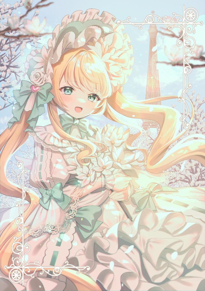 1girl :d absurdres blonde_hair blurry bonnet border bouquet bow bowtie chromatic_aberration collar depth_of_field dress eiffel_tower floating_hair flower frilled_bonnet frilled_collar frilled_dress frilled_wrist_cuffs frills green_bow green_bowtie green_eyes highres holding holding_bouquet inset_border lace-trimmed_sleeves lace_trim lolita_fashion long_hair looking_at_viewer lushuao medium_bangs open_mouth original ornate_border outdoors petticoat puffy_sleeves sleeves_past_elbows smile solo standing sweet_lolita twintails very_long_hair white_dress white_flower white_petticoat wrist_cuffs