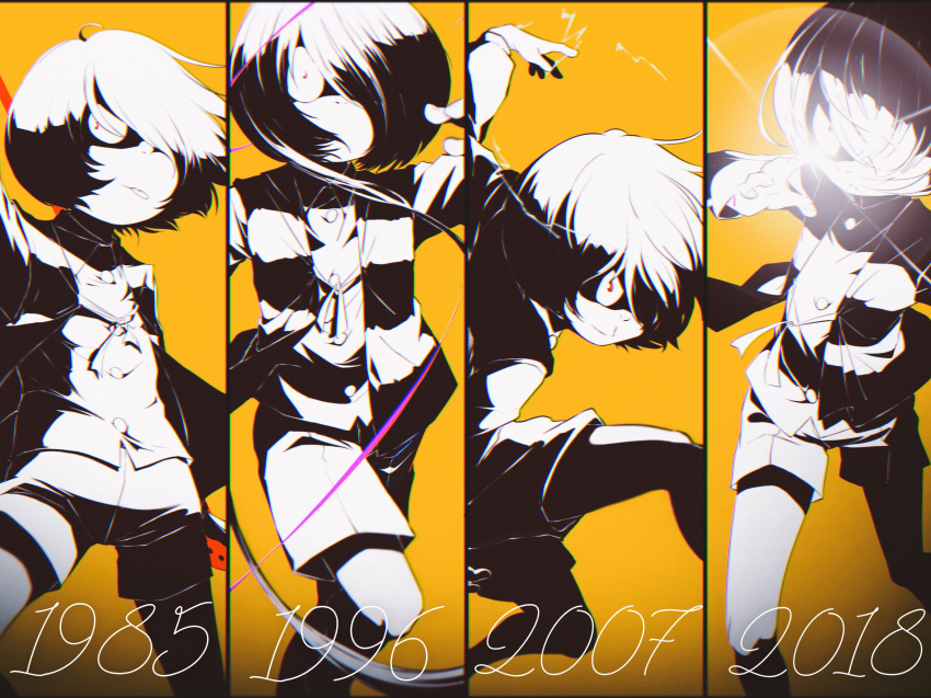 4boys :p chihiro_(shadow199912) child column_lineup comparison dated gegege_no_kitarou glint greyscale_with_colored_background hair_over_one_eye hand_up highres jumping kitarou long_sleeves looking_at_viewer monochrome multiple_boys multiple_persona one_eye_covered outstretched_arm red_eyes short_hair short_hair_with_long_locks shorts smile standing tongue tongue_out vest walking yellow_background