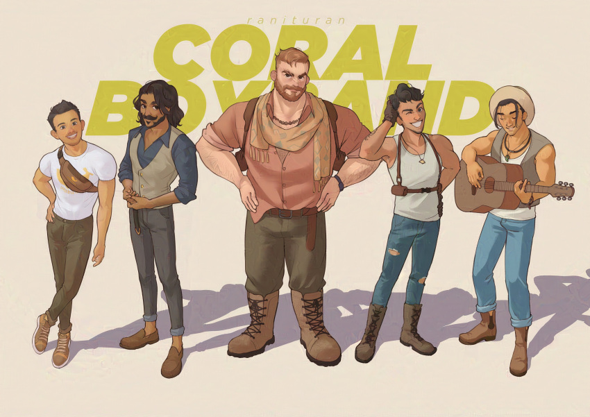 5boys absurdres beard boots character_request contrapposto coral_island facial_hair full_beard full_body highres leather_belt looking_at_viewer male_focus mark_(coral_island) mature_male multiple_boys muscular muscular_male pants partially_unbuttoned ranituran scarf short_hair side-by-side sideburns sleeves_rolled_up sparse_arm_hair standing thick_beard thick_eyebrows thick_mustache
