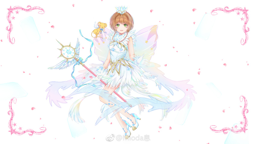 1girl back_bow blue_footwear bow brown_hair card cardcaptor_sakura chinese_commentary clear_card commentary_request crown dress feather-trimmed_gloves feather_dress ferret full_body gloves green_eyes high_heels highres holding holding_card holding_staff huge_bow kero kinomoto_sakura looking_at_viewer magical_girl mioda_xi open_mouth petals picture_frame rainbow_bow see-through_bow short_dress short_hair_with_long_locks simple_background sleeveless sleeveless_dress smile solo space sparkle staff star_(symbol) watermark weibo_logo weibo_username white_background white_dress white_gloves white_headwear