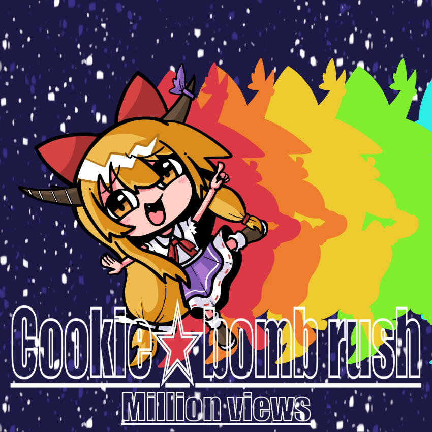 1girl blonde_hair blush bow bowtie brown_footwear brown_horns colored_shadow commentary_request cookie_(touhou) english_text fang full_body hair_between_eyes hair_bow highres horn_bow horn_ornament horns ibuki_suika long_hair looking_at_viewer low-tied_long_hair medium_bangs milestone_celebration open_mouth purple_bow purple_skirt red_bow red_bowtie ribbon-trimmed_skirt ribbon_trim shadow shirt shoes sidelocks skirt sky sleeveless sleeveless_shirt smile solo star_(sky) starry_sky sznkrs touhou very_long_hair white_shirt yamin_(cookie) yellow_eyes