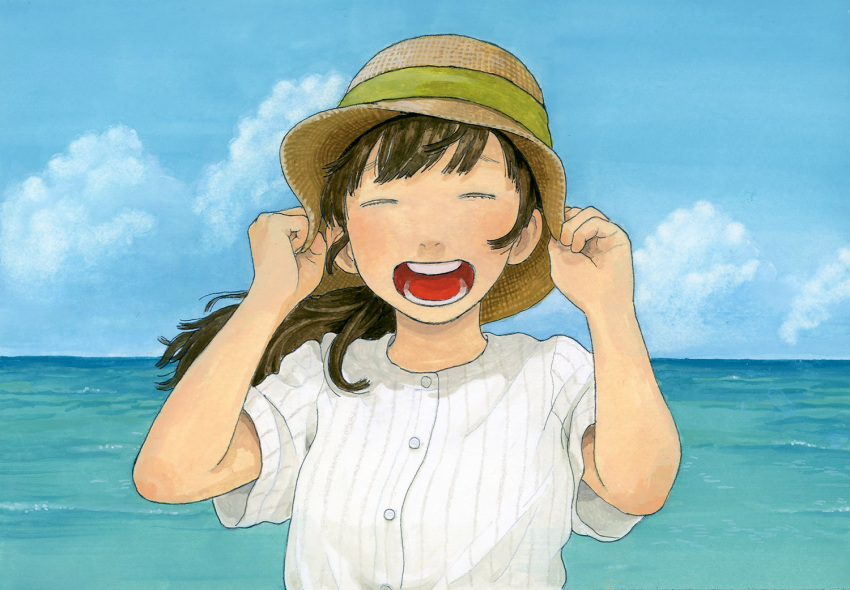 1girl ^_^ adjusting_clothes adjusting_headwear brown_hair closed_eyes clouds cloudy_sky commentary day facing_viewer green_ribbon hat hat_ribbon long_hair ocean open_mouth original outdoors ribbon shirt sky solo straw_hat striped_clothes striped_shirt teeth upper_body water white_shirt wtnbmotimoti