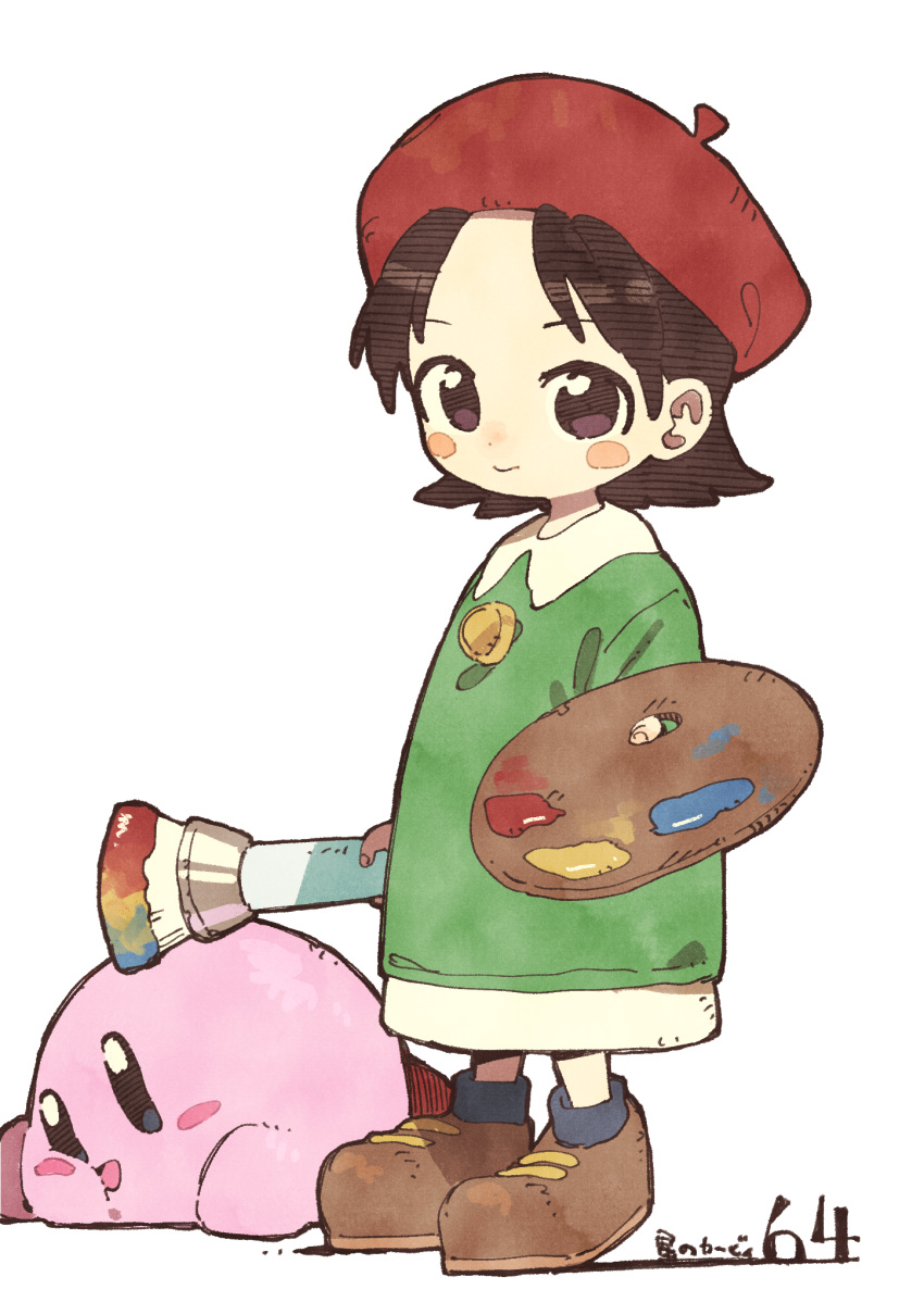 1girl 1other adeleine beret black_hair blush_stickers brown_footwear copyright_name green_shirt hat highres holding holding_paintbrush holding_palette kirby kirby_(series) kirby_64 long_shirt looking_at_viewer nama_udon paintbrush palette_(object) red_headwear shirt shoes short_hair simple_background smile violet_eyes white_background