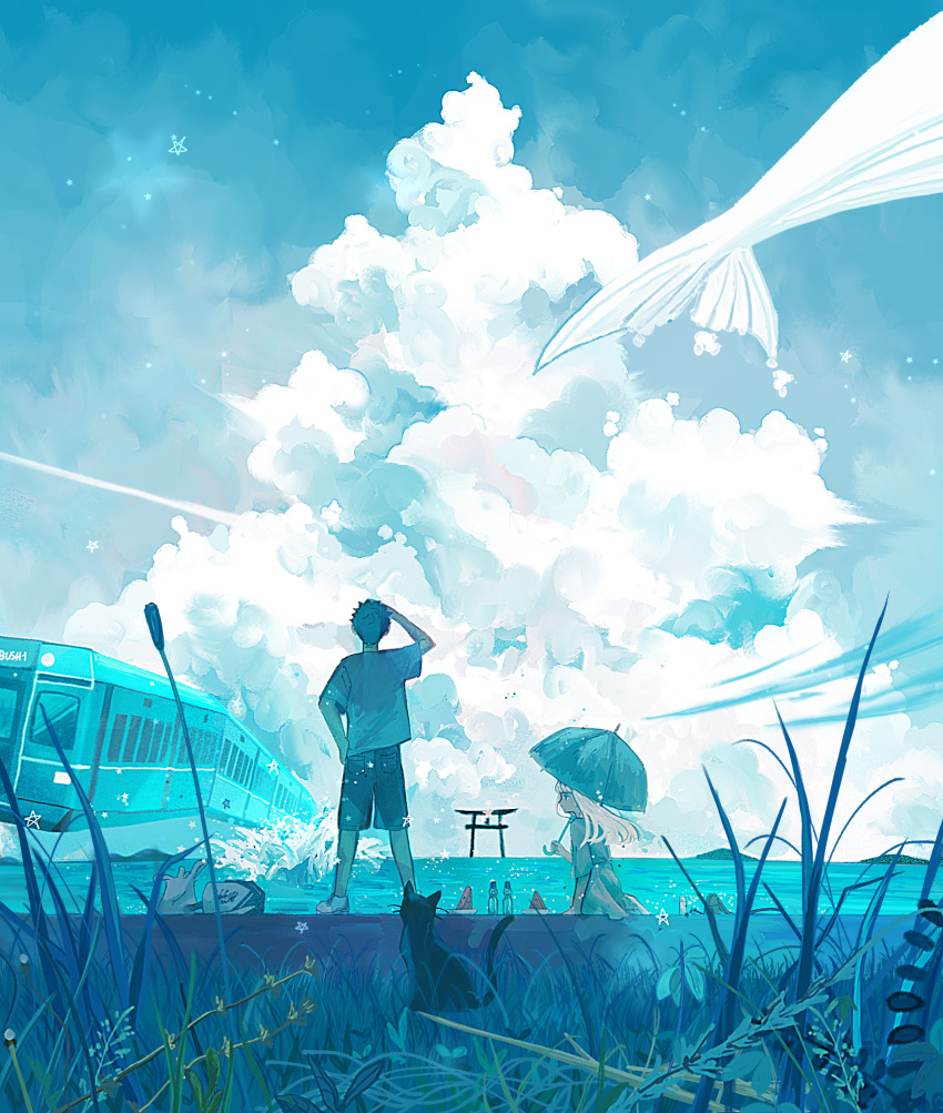 1boy 1girl absurdres black_cat black_hair black_shorts blonde_hair blue_dress blue_shirt blue_sky blue_theme cat clouds commentary day dress facing_away flying_whale from_behind grass highres holding holding_umbrella horizon ivelovedsekaowa long_hair ocean original outdoors scenery shading_eyes shirt short_hair short_sleeves shorts sitting sky standing surreal t-shirt torii train umbrella water whale white_footwear wide_shot
