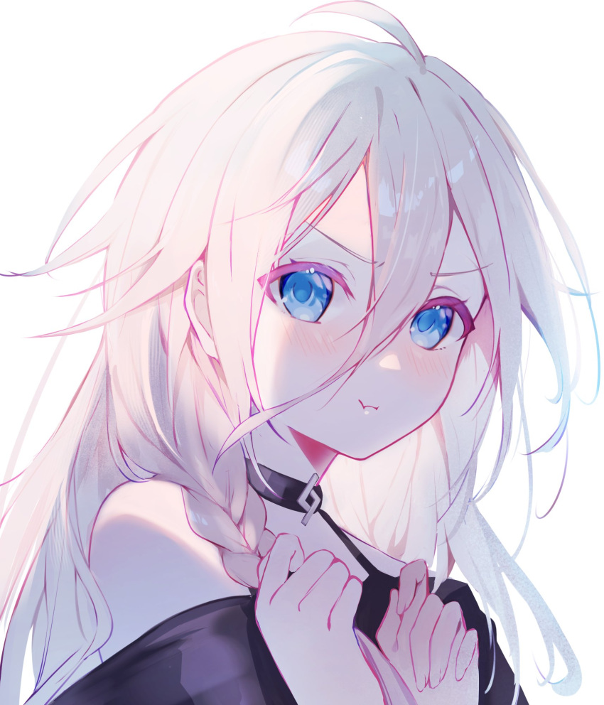 1girl :t ahoge bare_shoulders blue_eyes braid choker closed_mouth from_side grey_hair hair_between_eyes hands_up highres ia_(vocaloid) long_hair long_hair_between_eyes looking_at_viewer looking_to_the_side murumuru_(pixiv51689952) off_shoulder pout side_braid simple_background solo upper_body vocaloid white_background white_hair
