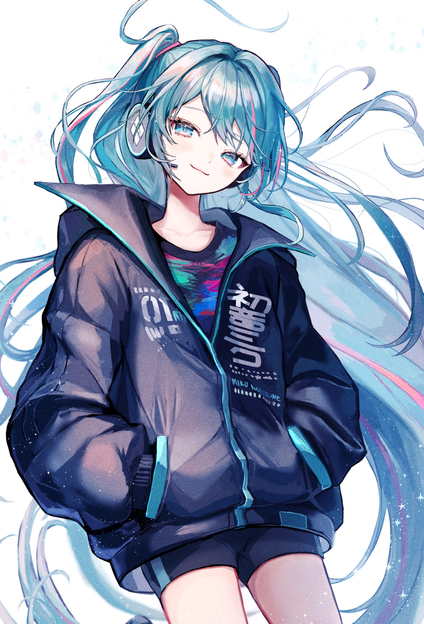 1girl absurdres aqua_eyes aqua_hair black_jacket black_shorts closed_mouth clothes_writing commentary_request cowboy_shot hair_spread_out hands_in_pockets hatsune_miku headphones headset highres jacket long_hair long_sleeves looking_at_viewer multicolored_hair pipi shorts simple_background solo streaked_hair two-tone_hair very_long_hair vocaloid white_background