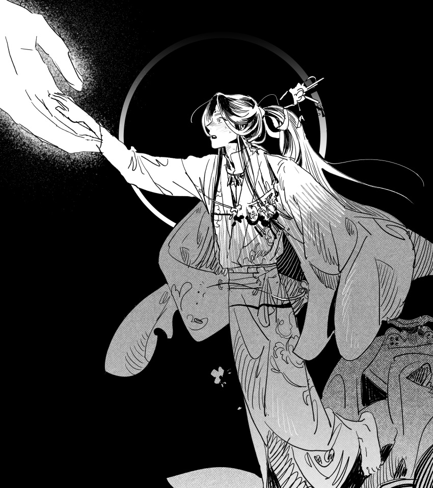 1boy absurdres barefoot black_background chinese_clothes disembodied_limb floral_print full_body glowing glowing_hand hair_ornament hand_on_another's_hand highres long_hair long_sleeves looking_at_another monochrome open_mouth outstretched_hand ponytail qn_rkr2 sweat tassel tianguan_cifu wide_sleeves xie_lian