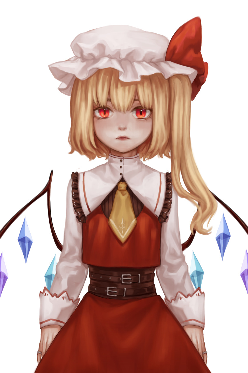1girl absurdres adapted_costume ascot blonde_hair closed_mouth collared_shirt cowboy_shot crystal flandre_scarlet frilled_shirt_collar frills full_of_energy hat highres jewelry long_hair long_sleeves looking_at_viewer making-of mob_cap multicolored_wings one_side_up red_eyes red_skirt red_vest ring shirt simple_background skirt skirt_set solo touhou vest white_background white_headwear white_shirt wings yellow_ascot