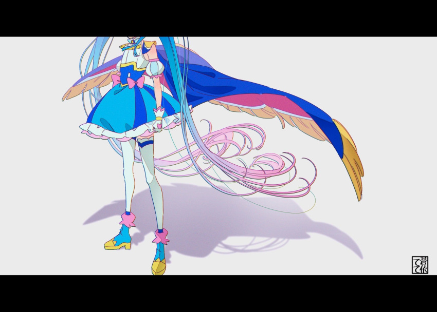 1girl ankle_boots aoi_tete artist_logo blue_cape blue_dress blue_footwear blue_hair boots bow brooch cape clenched_hand commentary cure_sky dress dress_bow fingerless_gloves frilled_dress frills fringe_trim gloves gradient_hair head_out_of_frame highres hirogaru_sky!_precure jewelry letterboxed long_hair magical_girl multicolored_hair precure puffy_short_sleeves puffy_sleeves red_cape shadow short_dress short_sleeves sleeveless sleeveless_dress solo sora_harewataru standing thigh-highs two-sided_cape two-sided_fabric very_long_hair white_gloves white_thighhighs wind wing_brooch