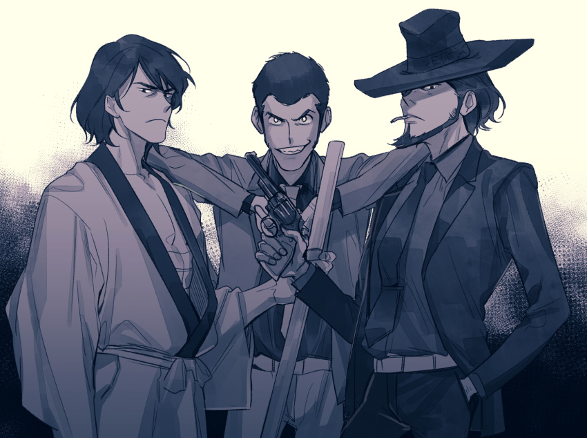 3boys arm_hair arm_out_of_sleeve arms_on_another's_shoulder arsene_lupin_iii bare_pectorals beard cigarette closed_mouth evil_grin evil_smile facial_hair fedora frown grin gun halorane hand_in_pocket hat highres holding holding_gun holding_sword holding_weapon ishikawa_goemon_xiii japanese_clothes jigen_daisuke long_sideburns long_sleeves looking_at_viewer lupin_iii male_focus monochrome mouth_hold multiple_boys necktie pants pectorals short_hair sideburns smile smith_&amp;_wesson_model_19 sword tie_clip weapon