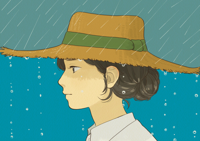 1girl absurdres black_hair brown_hair commentary from_side green_ribbon hat hat_ribbon highres looking_to_the_side original profile rain ribbon shirt solo straw_hat upper_body water_drop white_shirt wtnbmotimoti