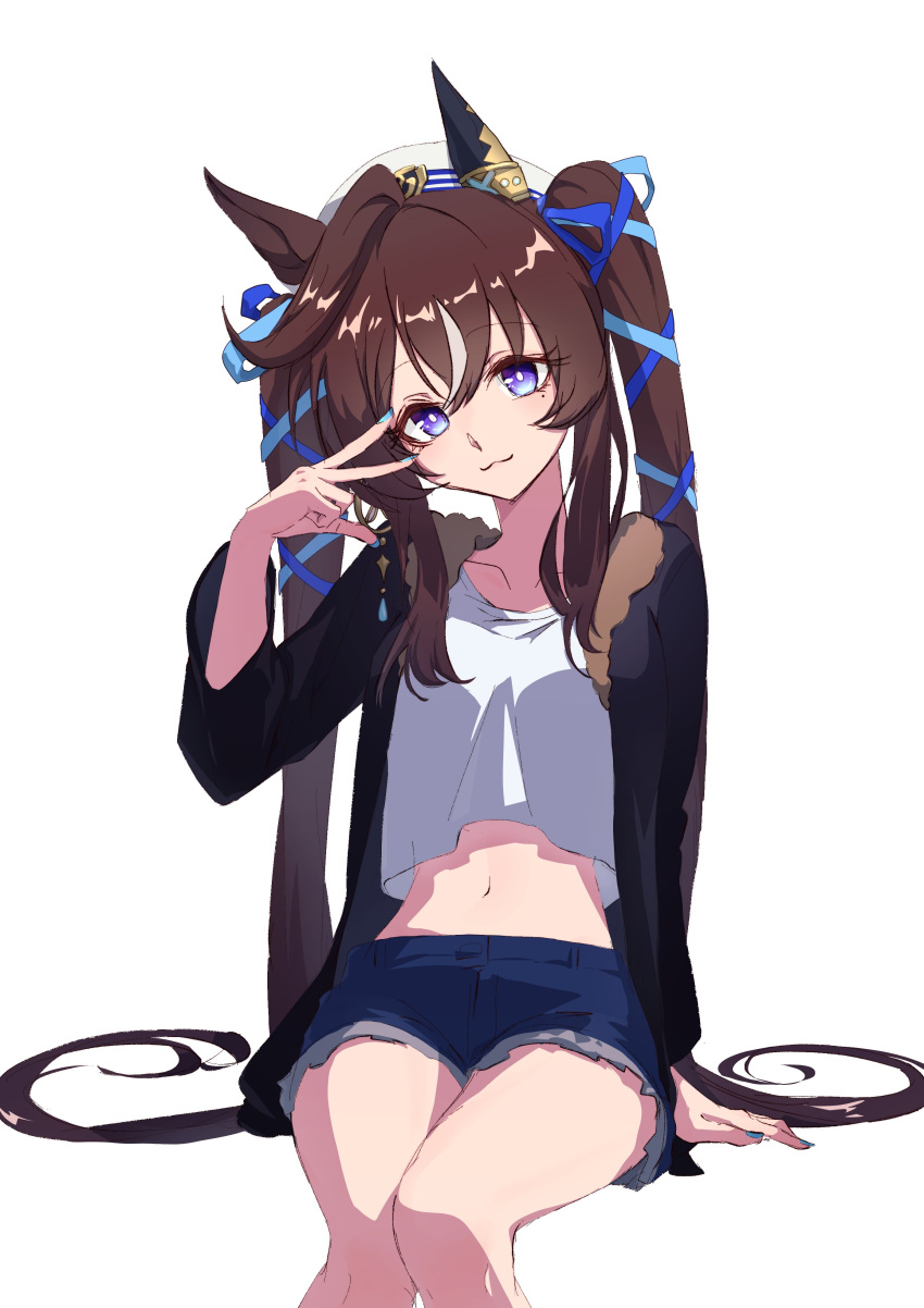 1girl :3 absurdres animal_ears black_jacket blue_shorts breasts brown_hair closed_mouth crop_top crop_top_overhang cutoffs feet_out_of_frame hair_ribbon hand_up hat head_tilt highres horse_ears horse_girl horse_tail invisible_chair jacket long_hair long_sleeves mole mole_under_eye multicolored_nails navel open_clothes open_jacket ribbon shirt shorts simple_background sitting small_breasts smile solo tail twintails umamusume very_long_hair violet_eyes vivlos_(umamusume) w watou white_background white_headwear white_shirt