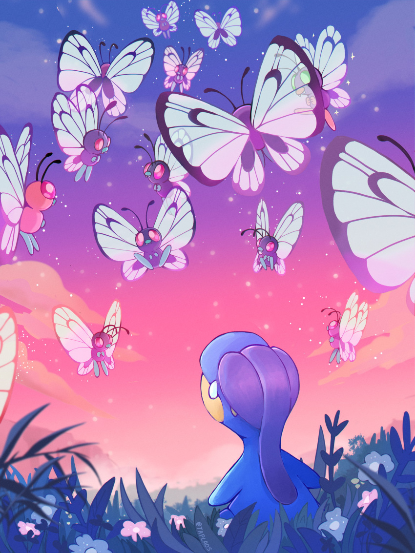 absurdres alternate_color animal_focus bagon blue_skin bug butterfly butterfree clouds colored_skin commentary flying gradient_sky grass highres horizon multicolored_sky no_humans pink_sky pokemon pokemon_(creature) purple_sky shiny_pokemon sky symbol-only_commentary taplaos wings