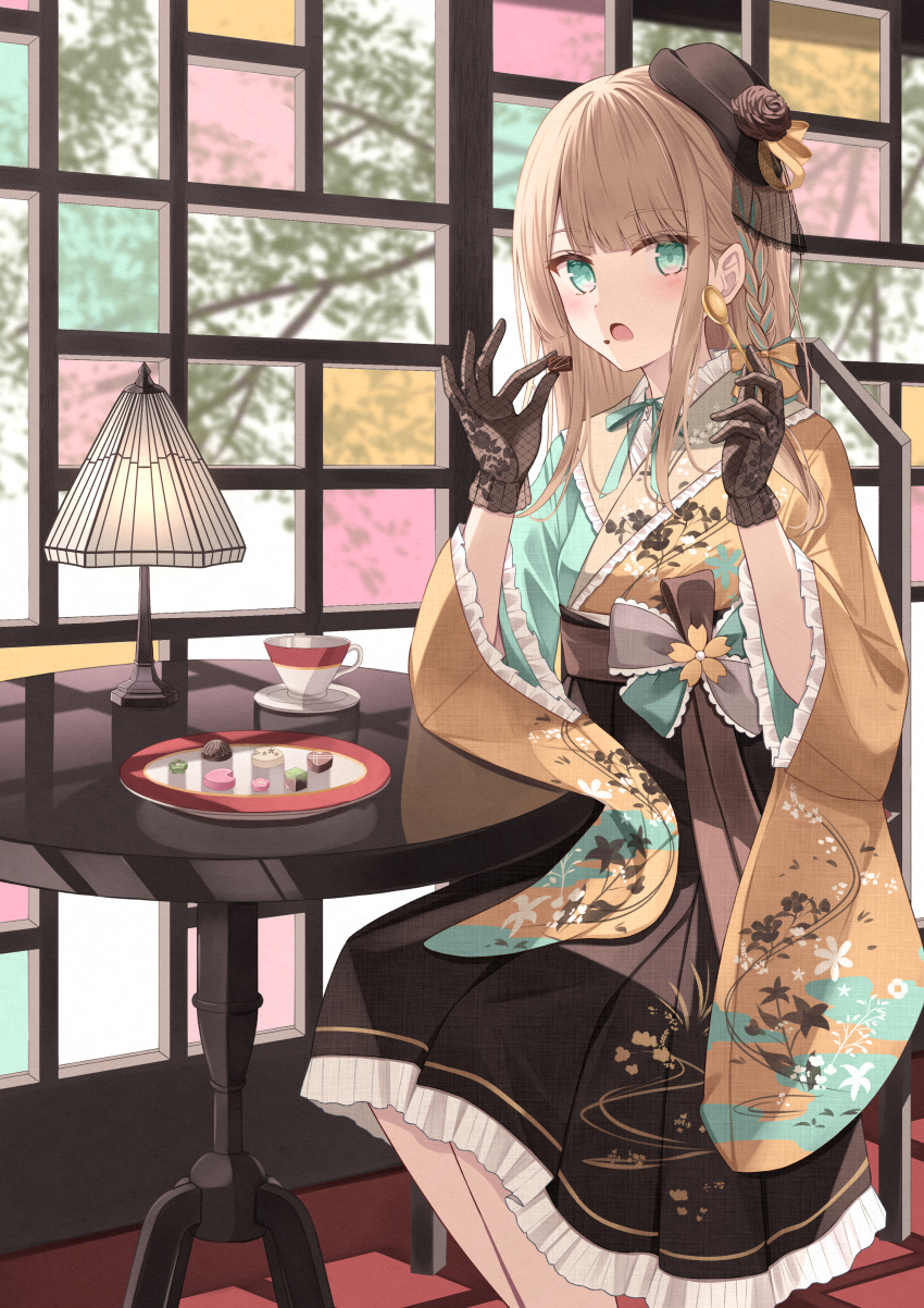 1girl :o absurdres blonde_hair blush brown_gloves brown_headwear brown_skirt chair chocolate commentary_request cup feet_out_of_frame food food_on_face gloves green_eyes hat highres holding holding_spoon indoors japanese_clothes kimono lamp long_sleeves looking_at_viewer mini_hat open_mouth original saucer senri_(senri_sen) sitting skirt solo spoon stained_glass table teacup wide_sleeves window yellow_kimono