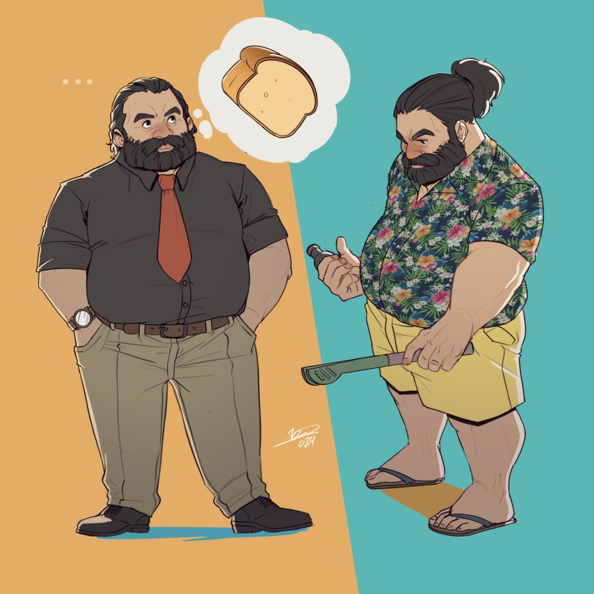 1boy alternate_beard_length alternate_costume alternate_hair_length alternate_hairstyle aqua_background beard belly belt black_footwear black_hair black_shirt blush bottle bread casual collared_shirt commentary covered_mouth dress_shirt dungeon_meshi dwarf english_commentary facial_hair flip-flops floral_print food formal full_beard full_body grey_pants hair_pulled_back hair_slicked_back hands_in_pockets hawaiian_shirt highres holding holding_bottle holding_tongs imagining looking_down male_focus multiple_views mustache necktie no_headwear nose_blush nurve26 orange_background pants ponytail print_shirt red_necktie sandals senshi_(dungeon_meshi) shirt shirt_tucked_in shoes short_sleeves shorts sideways_glance spoken_food standing thought_bubble tongs two-tone_background watch watch yellow_shorts