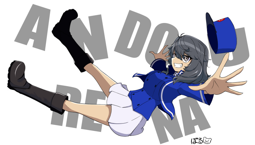 1girl andou_(girls_und_panzer) artist_name bc_freedom_military_uniform black_eyes black_footwear black_hair blue_headwear blue_jacket blue_vest boots character_name commentary dark-skinned_female dark_skin dress_shirt floating girls_und_panzer grin hat high_collar highres jacket kepi knee_boots long_sleeves looking_at_viewer medium_hair messy_hair military_hat military_uniform miniskirt outstretched_arms pleated_skirt shibainutank shirt signature simple_background skirt smile solo spread_arms text_background uniform vest white_background white_shirt white_skirt