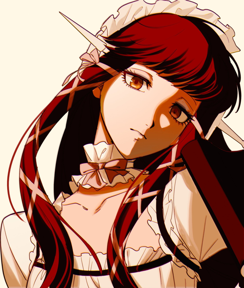 1girl blunt_bangs closed_mouth collar collarbone detached_collar dress eyelashes flat_chest frilled_collar frilled_hairband frilled_sleeves frills hair_ornament hair_ribbon hairband head_tilt highres langle_l long_hair looking_at_viewer persona persona_3 redhead ribbon sidelocks simple_background solo upper_body white_dress white_hairband white_ribbon yellow_eyes yoshino_chidori