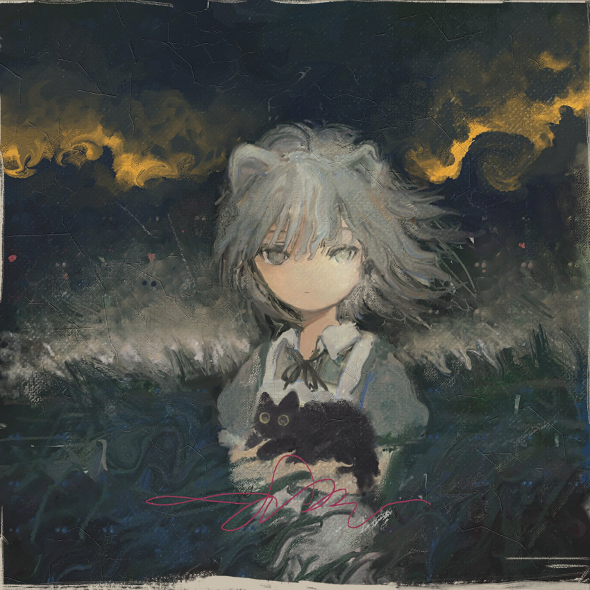 1girl animal animal_ears apron black_cat black_ribbon cat cat_ears ciel_(paradis47) closed_mouth clouds cloudy_sky collared_shirt crack cracked_paint dress expressionless faux_traditional_media grey_dress grey_eyes grey_hair hair_between_eyes hands_up highres holding holding_animal holding_cat impasto in_water looking_at_viewer medium_hair neck_ribbon night no_nose ocean original outdoors painterly puffy_short_sleeves puffy_sleeves ribbon shirt short_sleeves sky solo upper_body water waves white_apron wind