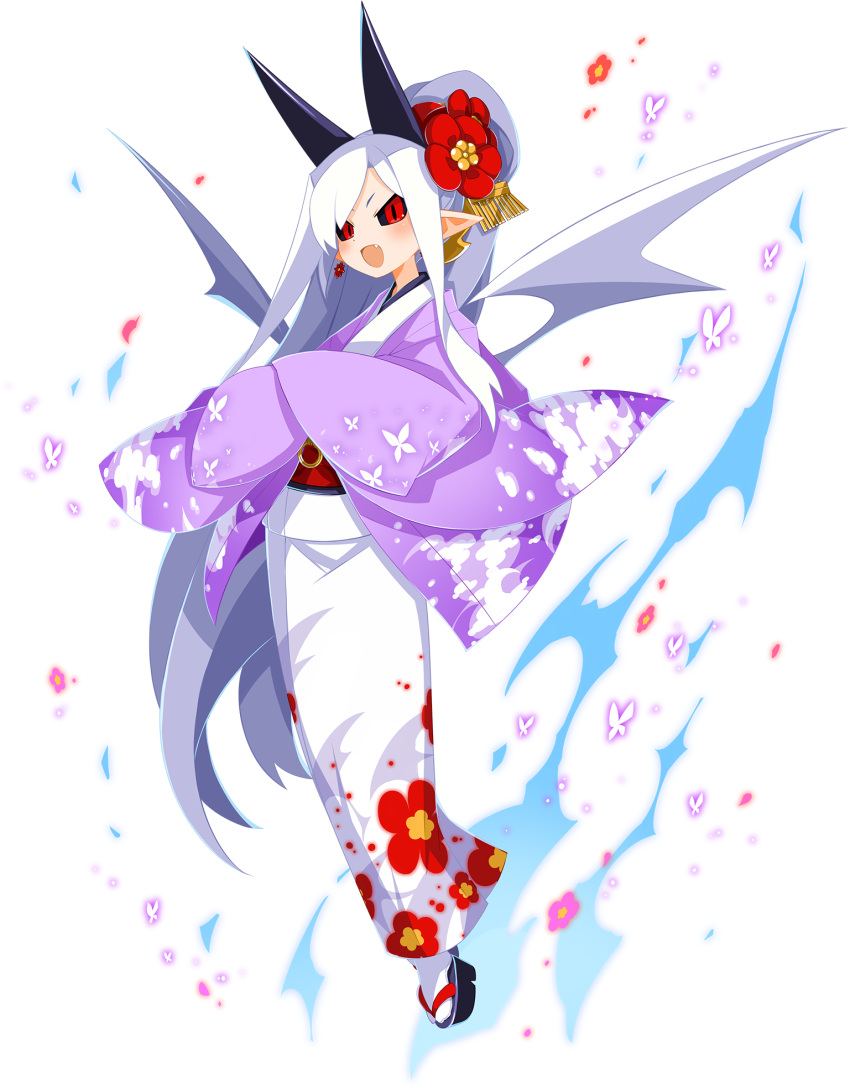 1girl animal_print black_sclera butterfly_print colored_sclera crossed_arms demon_horns demon_wings disgaea disgaea_rpg fang floral_print flower full_body furisode hair_flower hair_ornament highres horns japanese_clothes kimono long_hair long_sleeves non-web_source open_mouth photoshop_(medium) pointy_ears pram_(phantom_kingdom) red_eyes sandals slit_pupils solo tabi transparent_background very_long_hair white_hair white_wings wide_sleeves wings