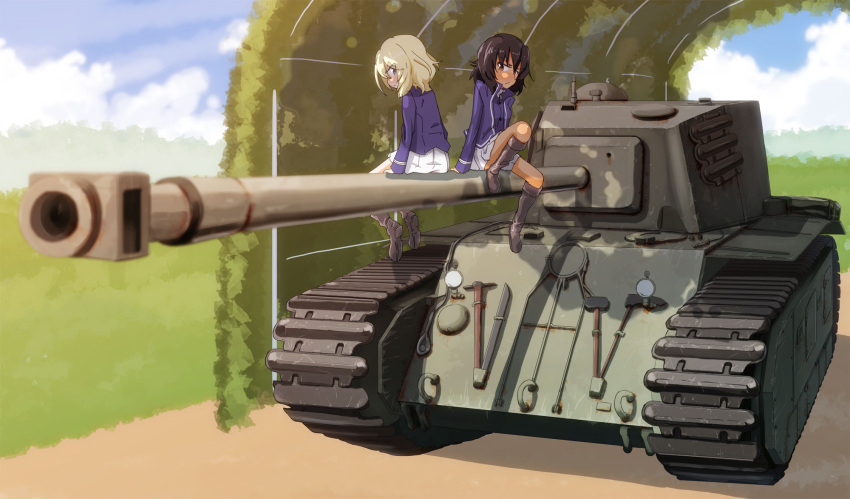 andou_(girls_und_panzer) arl-44 back-to-back bc_freedom_military_uniform black_footwear black_hair blonde_hair blue_eyes blue_jacket blue_sky blue_vest blurry blurry_foreground boots brown_eyes closed_mouth clouds cloudy_sky commentary dappled_sunlight dark-skinned_female dark_skin day depth_of_field dress_shirt foreshortening frown girls_und_panzer high_collar highres jacket jinguu_(4839ms) knee_boots knee_up long_sleeves looking_at_viewer medium_hair messy_hair military_uniform military_vehicle miniskirt motor_vehicle oshida_(girls_und_panzer) outdoors pleated_skirt shirt sitting skirt sky sunlight tank uniform vehicle_focus vest white_shirt white_skirt