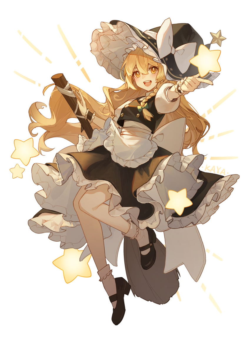 1girl :d apron back_bow black_footwear black_headwear black_skirt black_vest blonde_hair bow braid broom buttons commentary floating_hair frilled_apron frilled_skirt frilled_socks frills from_side full_body hair_between_eyes hair_bow hat hat_bow highres kirisame_marisa kotatsu_kaya leg_up long_hair looking_at_viewer mary_janes open_mouth pointing puffy_short_sleeves puffy_sleeves shirt shoes short_sleeves side_braid simple_background single_braid skirt skirt_set smile socks solo star_(symbol) symbol-only_commentary touhou vest wavy_hair white_apron white_background white_shirt white_socks witch_hat wrist_cuffs yellow_eyes