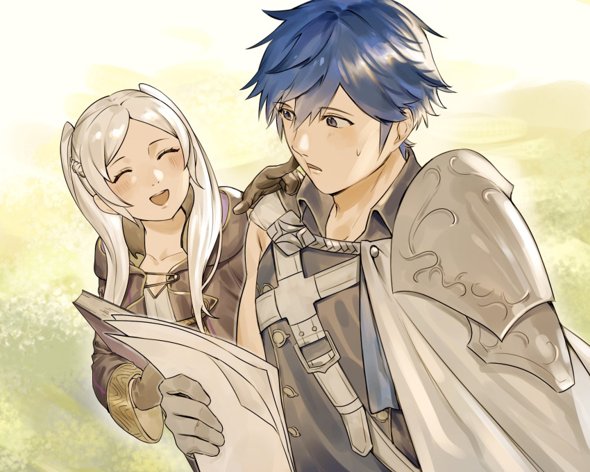 1boy 1girl abinosu0903 armor blue_hair chrom_(fire_emblem) closed_eyes collarbone commentary_request eyelashes fire_emblem fire_emblem_awakening highres holding holding_paper long_hair open_mouth outdoors paper parted_bangs parted_lips robe robin_(female)_(fire_emblem) robin_(fire_emblem) short_hair shoulder_armor smile sweat twintails walking white_hair wide_sleeves