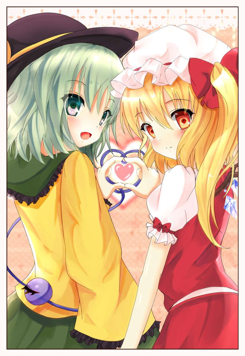 2girls black_headwear blonde_hair blouse blush border bow closed_mouth collared_shirt cowboy_shot crystal flandre_scarlet frilled_shirt_collar frilled_sleeves frills from_behind green_eyes green_hair green_skirt hair_between_eyes hair_bow hat hat_ribbon heart heart_hands heart_hands_duo heart_of_string highres komeiji_koishi light_smile looking_at_viewer looking_back medium_hair mob_cap mogupuchi multiple_girls one_side_up open_mouth puffy_short_sleeves puffy_sleeves red_bow red_eyes red_ribbon red_skirt red_vest ribbon ribbon-trimmed_headwear ribbon_trim shirt short_sleeves skirt sleeve_bow sleeve_ribbon third_eye touhou vest white_border white_headwear white_shirt wide_sleeves wings yellow_shirt