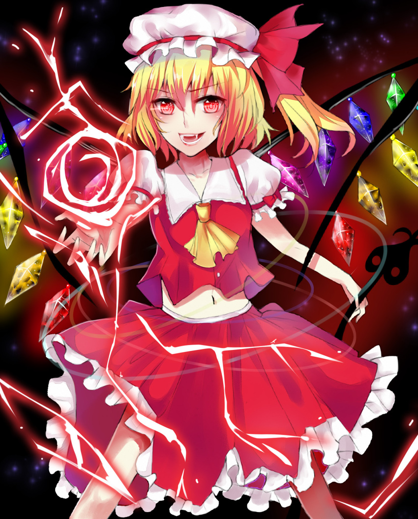 1girl ascot blonde_hair bow collared_shirt cowboy_shot crystal dark_background fangs flandre_scarlet frilled_skirt frilled_sleeves frills glowing glowing_wings hat hat_bow hat_ribbon highres kevn medium_hair mob_cap multicolored_wings navel one_side_up open_mouth puffy_short_sleeves puffy_sleeves red_background red_bow red_eyes red_ribbon red_skirt red_vest ribbon shirt short_sleeves simple_background skirt sleeve_ribbon solo teeth touhou v-shaped_eyebrows vest white_headwear white_shirt wings yellow_ascot