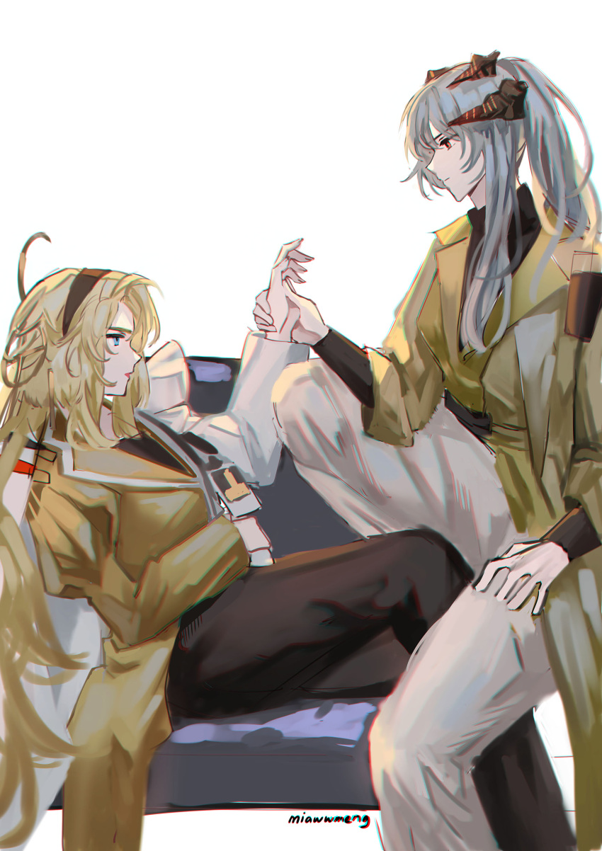 2girls absurdres animal_ears arknights artist_name black_hairband blonde_hair blue_eyes brown_coat closed_mouth coat dog_ears dog_girl grey_hair hairband highres holding_another's_wrist horns kristen_(arknights) laurene_(miawwmeng) long_hair long_sleeves multiple_girls parted_lips ponytail red_eyes saria_(arknights) sidelocks simple_background sitting white_background yuri