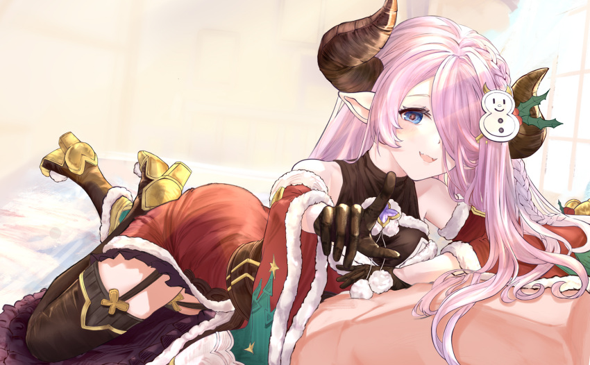 1girl bare_shoulders black_gloves blue_eyes braid brown_horns christmas commentary_request curled_horns detached_sleeves draph dress fur-trimmed_dress fur-trimmed_sleeves fur_trim garter_straps gloves granblue_fantasy hair_over_one_eye highres horns keqikehe looking_at_viewer lying narmaya_(granblue_fantasy) narmaya_(holiday)_(granblue_fantasy) official_alternate_costume on_stomach open_mouth pink_hair pointing pointing_at_viewer pointy_ears pom_pom_(clothes) santa_dress single_braid smile snowman_hair_ornament solo wide_sleeves