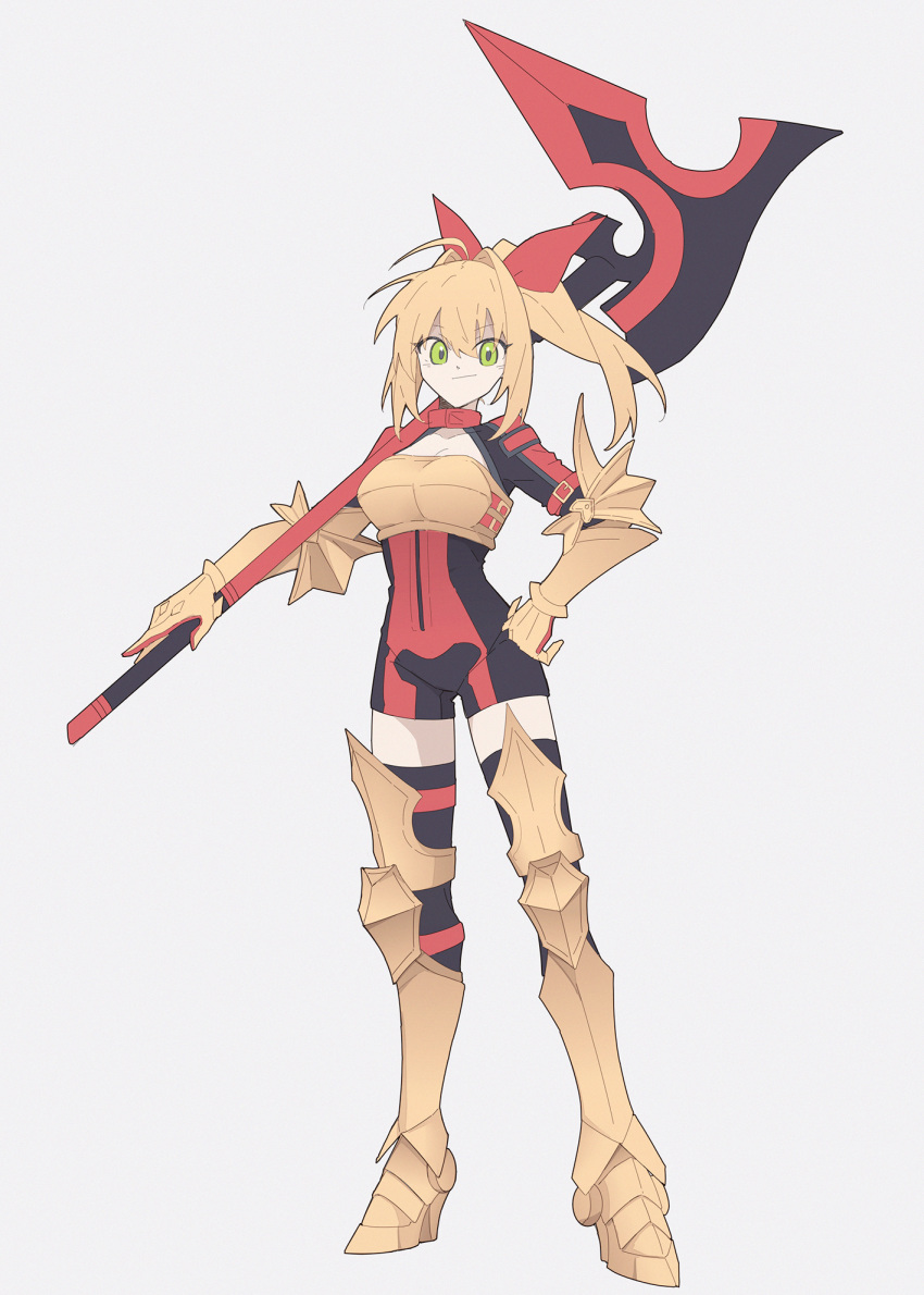 1girl armor armored_boots aww_(pixiv4034890) blonde_hair boots bow breastplate breasts fate/extra fate/grand_order fate_(series) gauntlets gold_armor green_eyes hair_bow halberd high_heels highres large_breasts looking_at_viewer nero_claudius_(fate) nero_claudius_(type-moon_racing)_(fate) polearm ponytail red_bow solo weapon